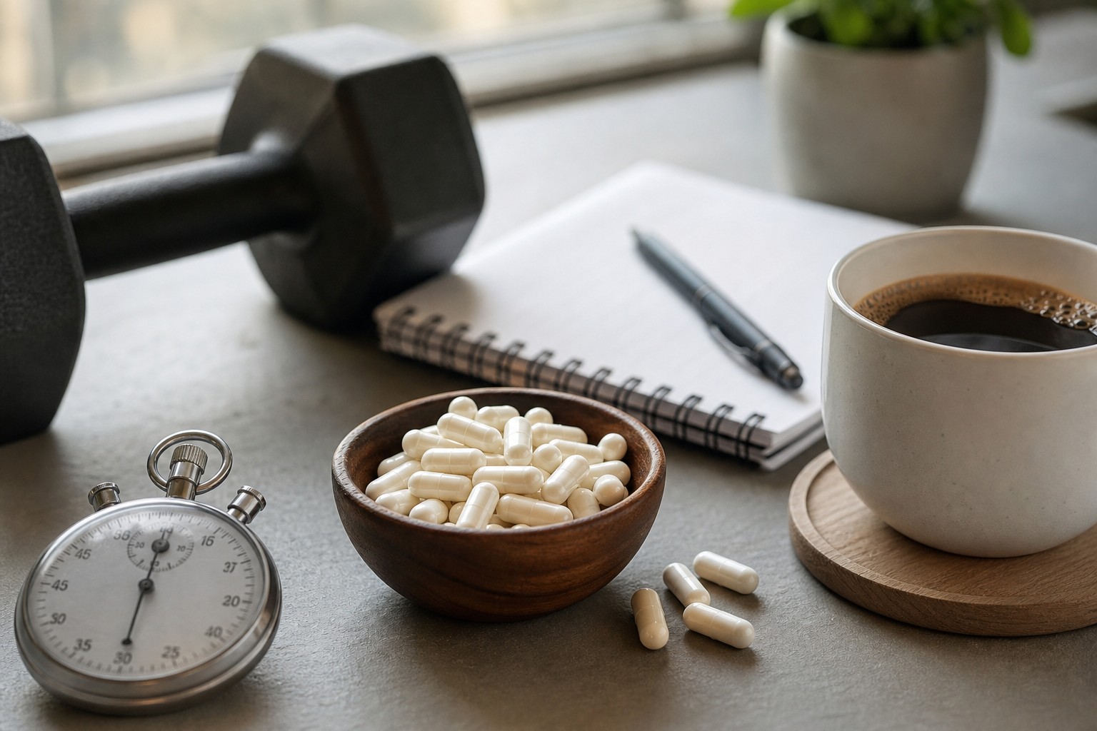Alpha-GPC capsules beside a workout log, stopwatch, and cup of coffee on a desk