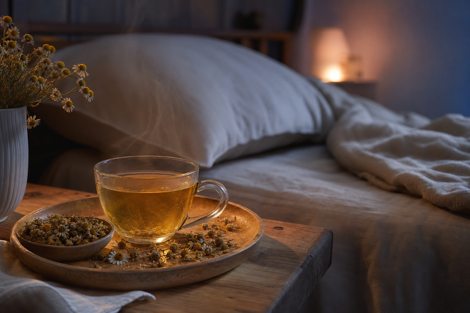 A steaming cup of chamomile tea beside a bed at dusk, with dried chamomile flowers on a wooden tray
