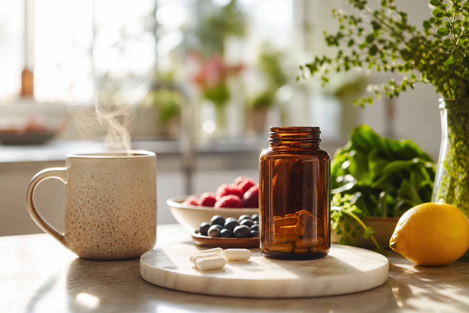 Close-up of a vitamin B12 supplement bottle and capsules on a kitchen counter with morning light.