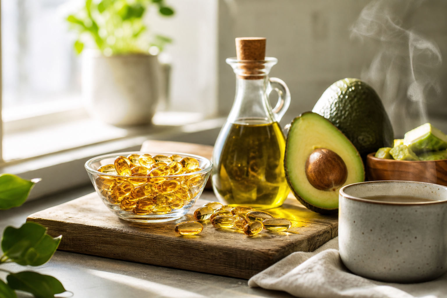 CoQ10 softgels beside olive oil and avocado to emphasize fat-soluble absorption and cellular energy support.