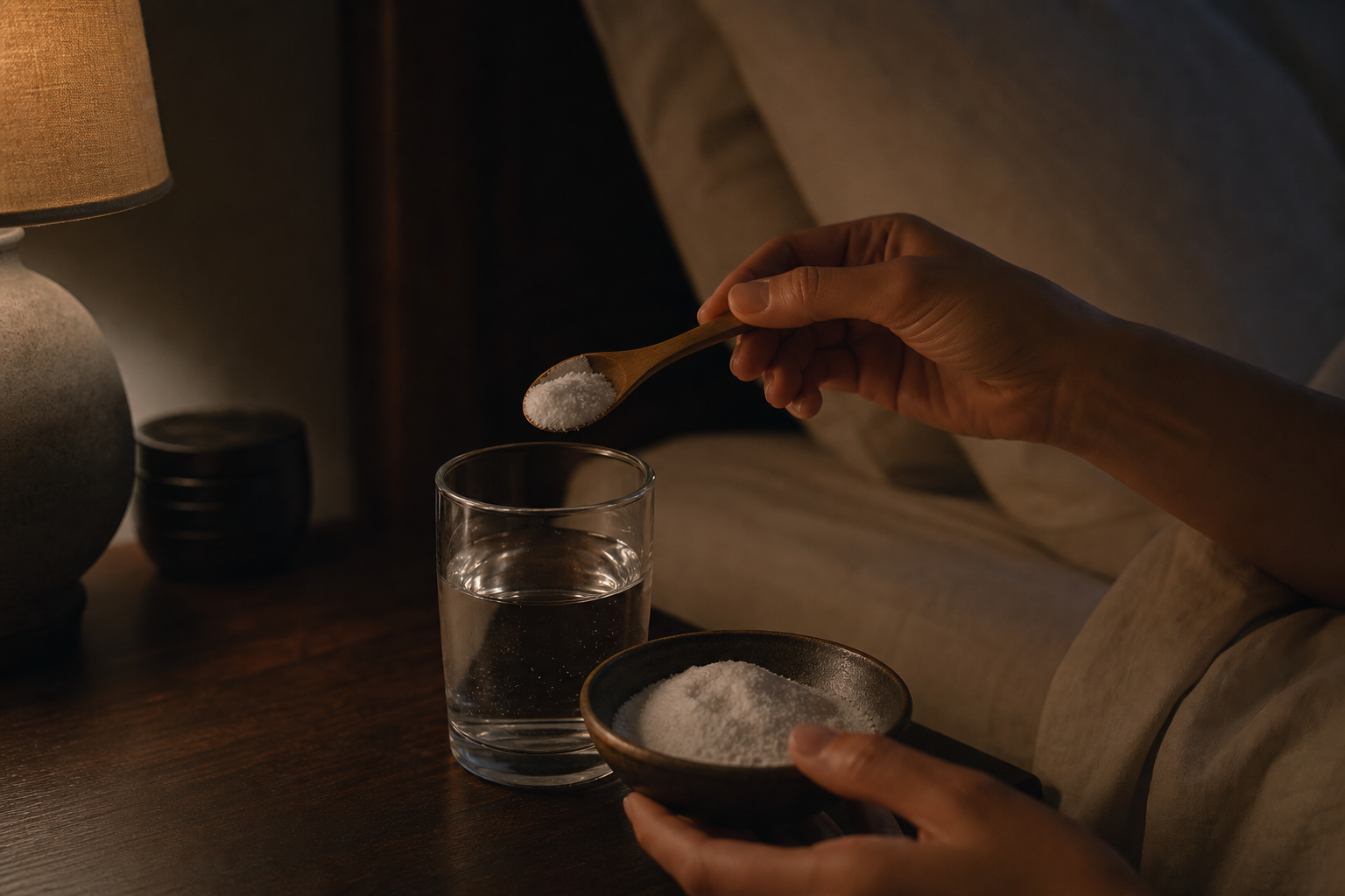 A close-up of a person's hands scooping a white crystalline powder from a bowl into a glass of water on a dark wooden nightstand.