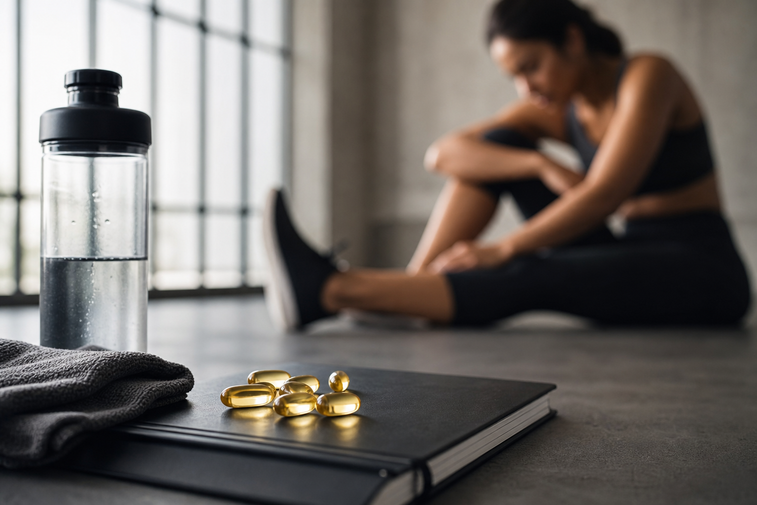 Close-up of fish oil capsules on a training log and water bottle after a workout