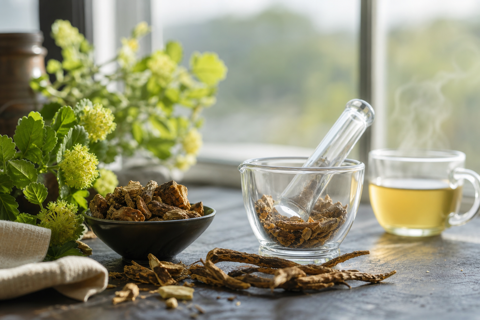 Dried Rhodiola rosea root and a glass mortar and pestle on a dark, textured surface.