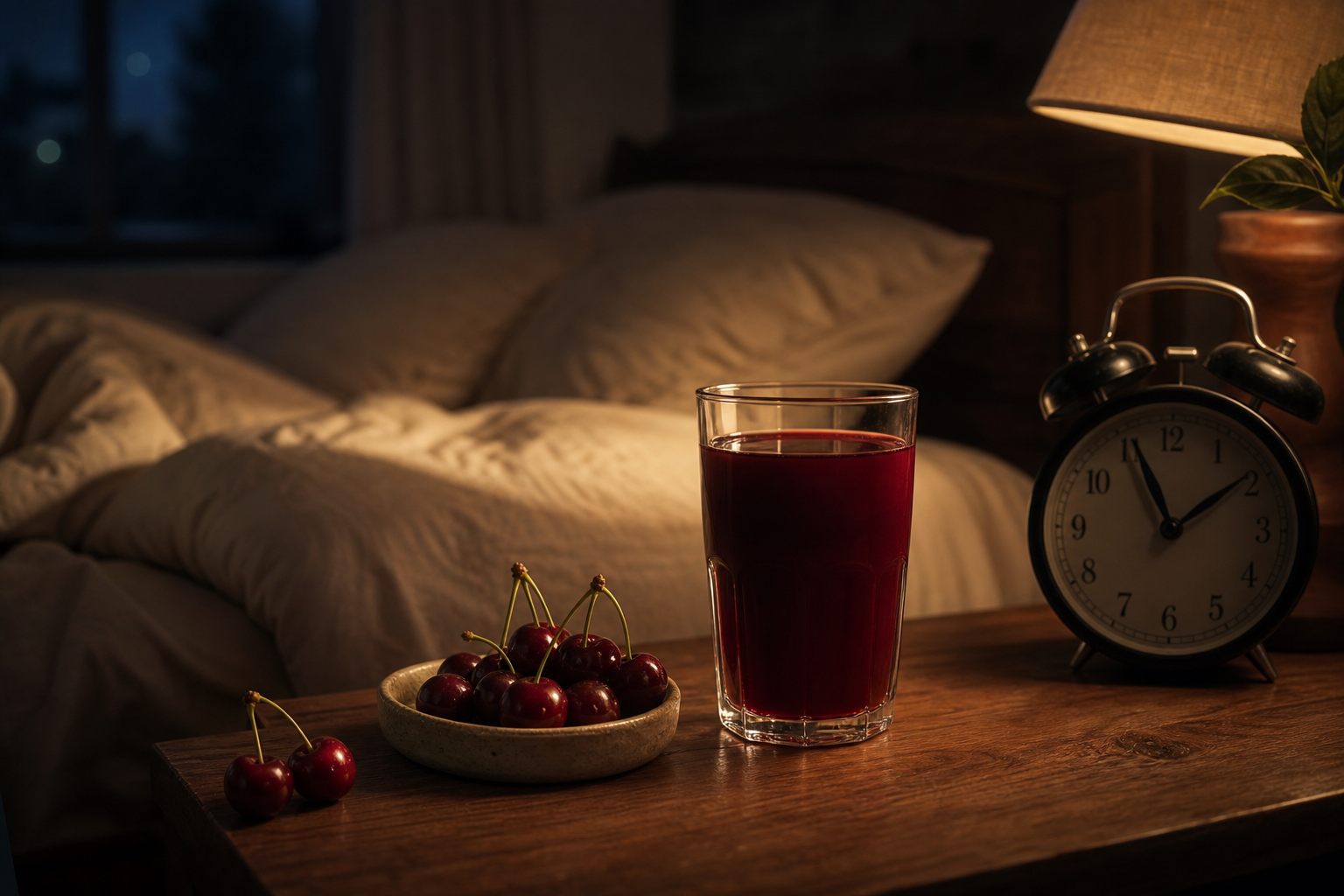 A glass of tart cherry juice with fresh Montmorency cherries on a nightstand beside an alarm clock.