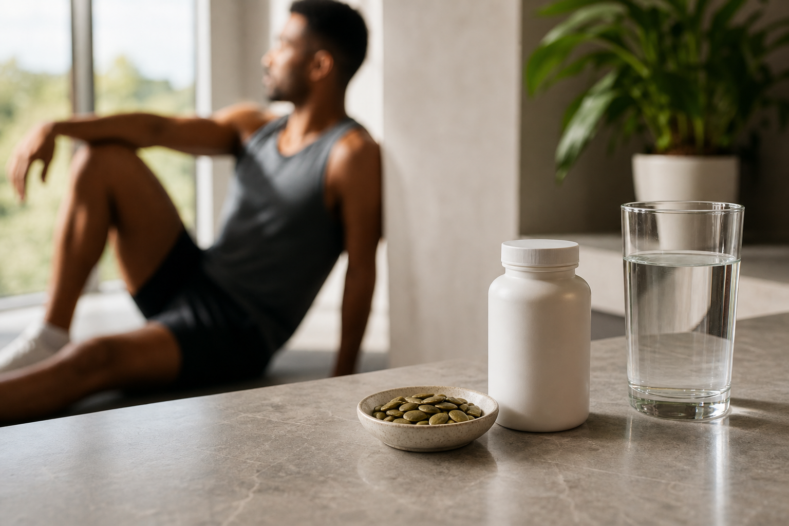 A small dish of pumpkin seeds beside a zinc supplement bottle on a kitchen counter, with a glass of water.